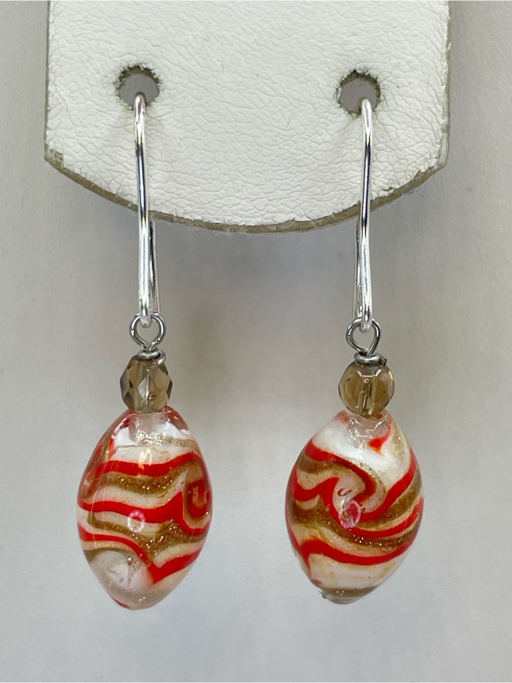 Thailand FAS Art Glass Red Gold Swirl Dangle Earrings Sterling Silver Hooks